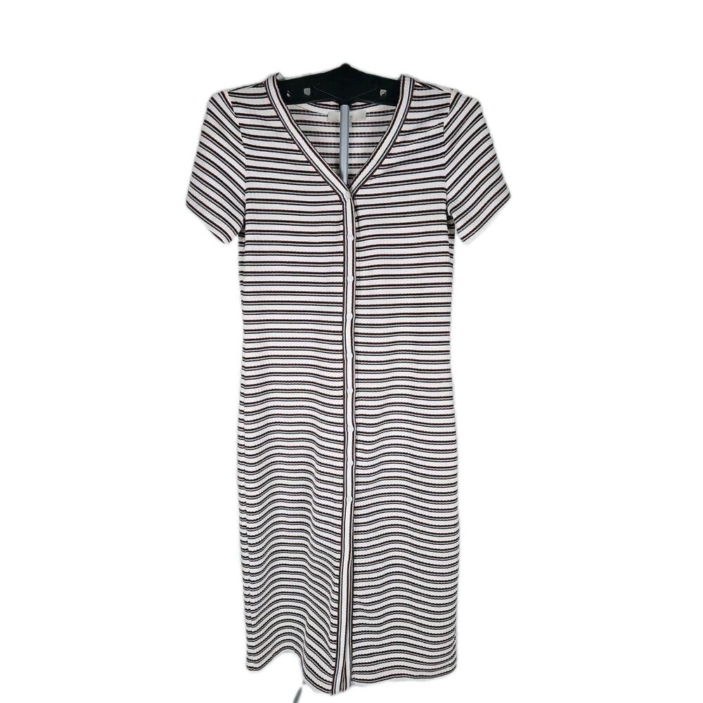 LOFT Brown White Black Striped Ribbed Button Front Midi Dress, Size Med Petite